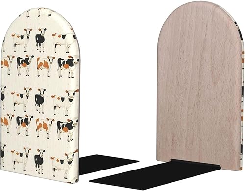 Book Ends for Shelves 1 Pair - Cute Cow Retro Print Wood with Metal Base Bookends for Heavy Books, Book Stand Organizer Holder for Books Movies Cds