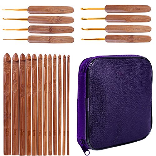 20pcs Bamboo Crochet Hooks Needles Knit Weave Craft Yarn Sewing Tools Knitting Bamboo Crochet Hook Set with Case