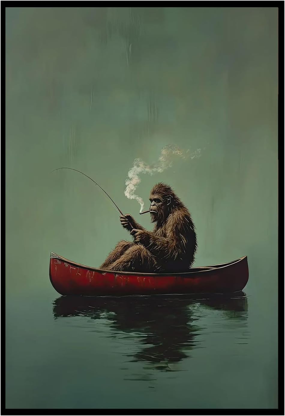 Sasquatch Canvas Wall Art Vintage Fishing Boat Wall Art Fun Bigfoot Painting In Red Canoe On Bigfoot Fishing Poster Canvas Living Room Bathroom Bedroom Print 16x24 Inch Unframed