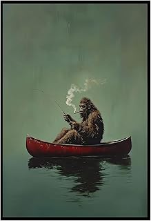 Sasquatch Canvas Wall Art Vintage Fishing Boat Wall Art Fun Bigfoot Painting In Red Canoe On Bigfoot Fishing Poster Canvas Living Room Bathroom Bedroom Print 16x24 Inch Unframed