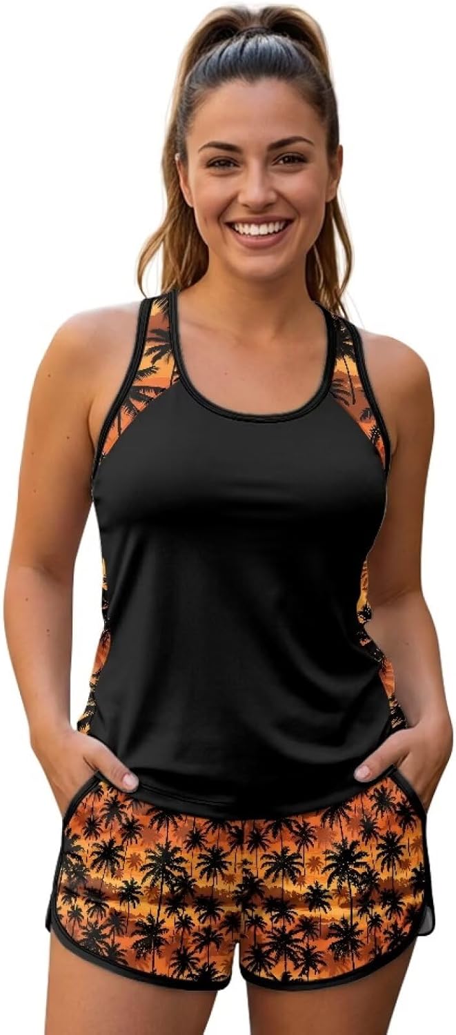 Women's Two Piece Swimwear Set Tankini Top with Pockets Swim Shorts Quick Dry Bathing Suits Size S-6XL