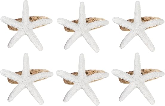 Coastal Star Fish Napkin Rings Set of 6, White Sea Starfish Napkin Ring Holder for Beach House, Dining Room Table, Party, Banquet, Birthday, Holiday, Coastal Beach Table Decor