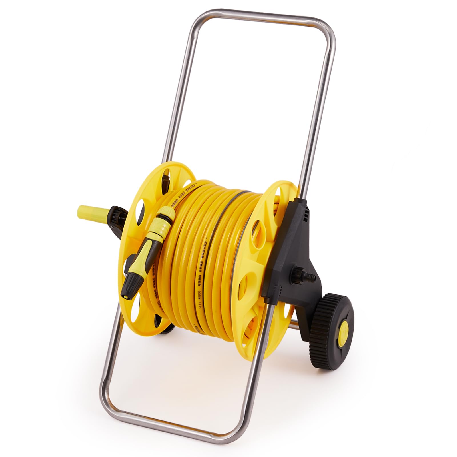 DKIEI Garden Hose Reel Cart with 45M Hosepipe & Adjustable Spray Nozzle, Portable Hose Pipe Reel with 2 Wheels, Retractable Freestanding Hose Holder for Outdoor Patio Cleaning & Lawn Watering