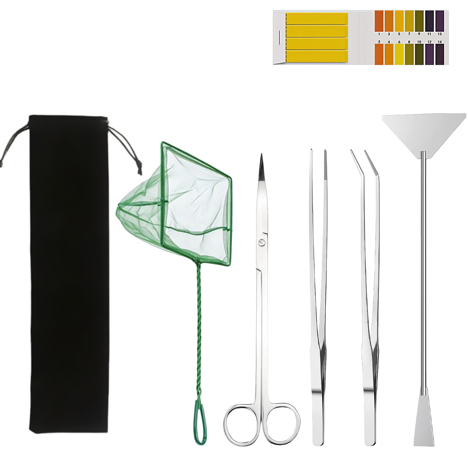 Aquarium Aquascape Tools Kit, 6 in 1 Aquatic Plant Aquascaping Tool Stainless Steel Tweezers Scissors Spatula with Fishing Net and PH Paper, Live Fish Plants Tank Accessories Cleaning Trimming Kit