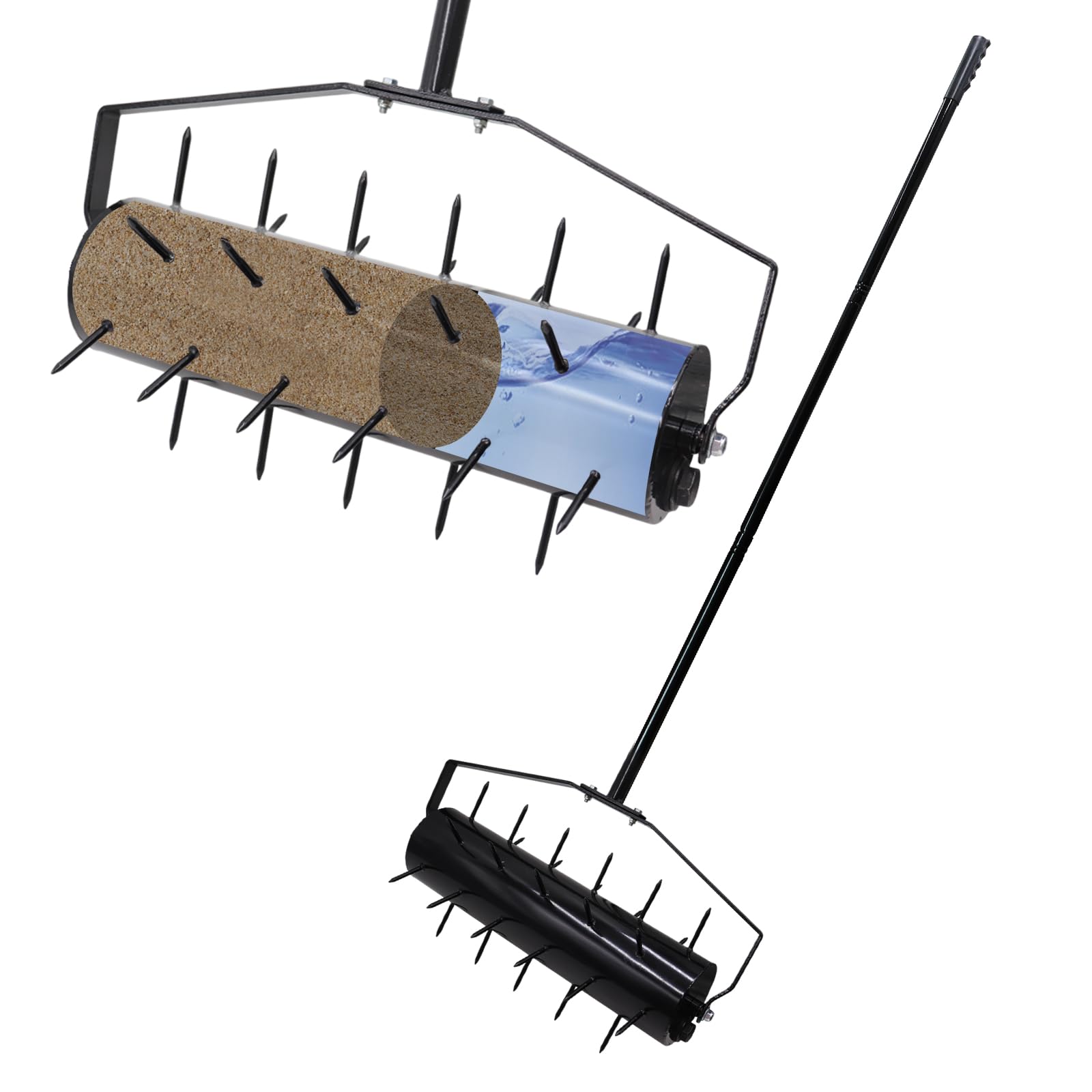 18 Inch Heavy Duty Rolling Lawn Aerator, Adjustable Weight Manual Roller Lawn Aerator Tool with Pre-Welded Spike, Hand Roller Soil Aerator for Garden Yard Lawn Grass Care with 49 Inch Steel Handle