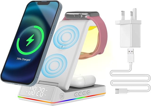 PINRUIGE Wireless Charger with Clock and Light, 3 in 1 Wireless Charging Station Compatible with iPhone 14 13 12 11/Pro/Pro Max/X/XS/XS Max/XR/8/8 Plus, iWatch 8/SE/7/6/5/4/3/2, Airpods Pro/2/3