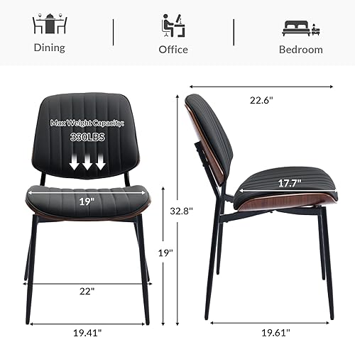 Miniatura 5 de Juego de 2 sillas de comedor, sillas de cuero sintético retro de mediados de siglo con asiento tapizado de madera curvada de nogal, patas de metal