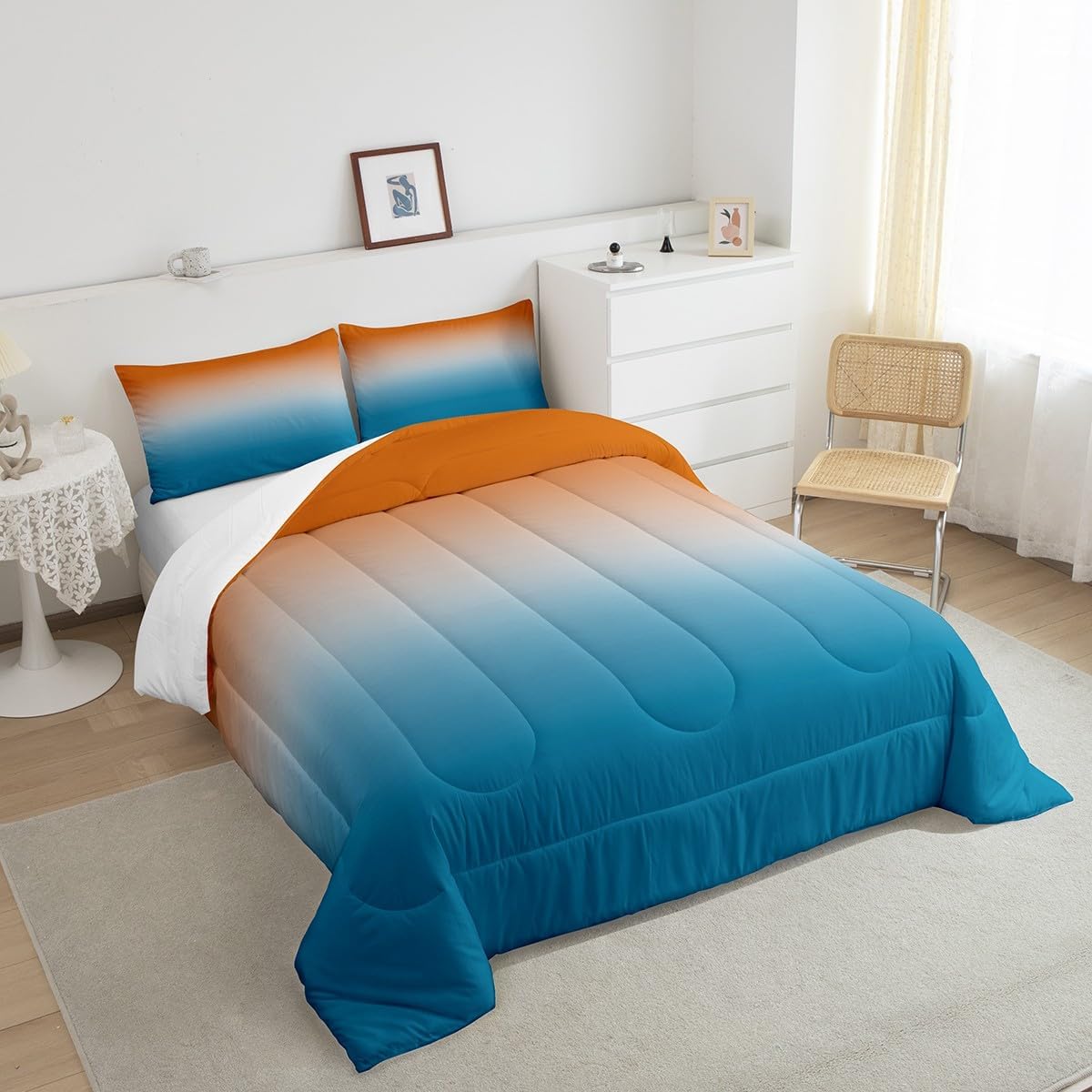 Erosebridal Orange and Blue Comforter Set Queen for Girls Boys Kids,Rainbow Ombre Bedding Set Aesthetic Room Decor for Women Men,Gradient Colorful Comforter Sets Abstract Quilt Bed Set 3Pcs