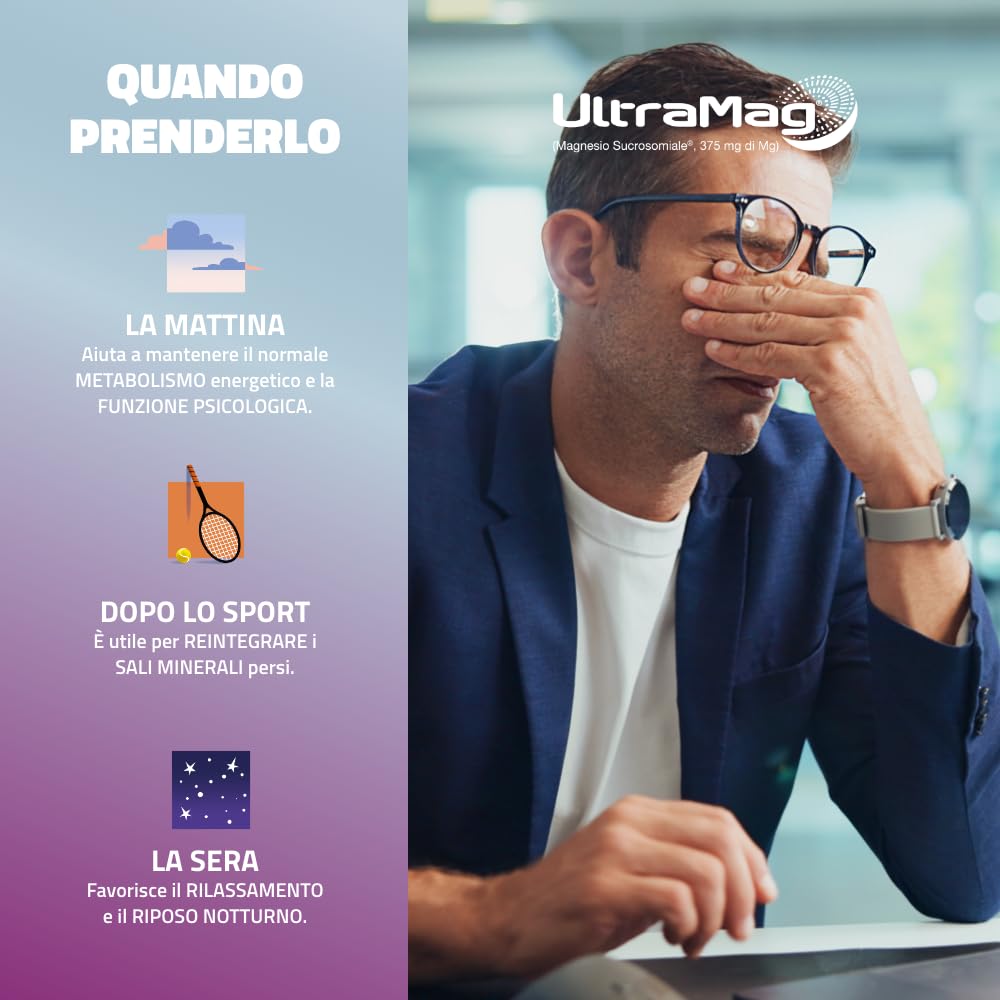 UltraMag®, Integratore di Magnesio Sucrosomiale® 375 mg, Alto assorbimento, Alta tollerabilità, Riduce stress e affaticamento, Stanchezza fisica e mentale, Senza glutine, 20 +20 bustine, Pharmanutra