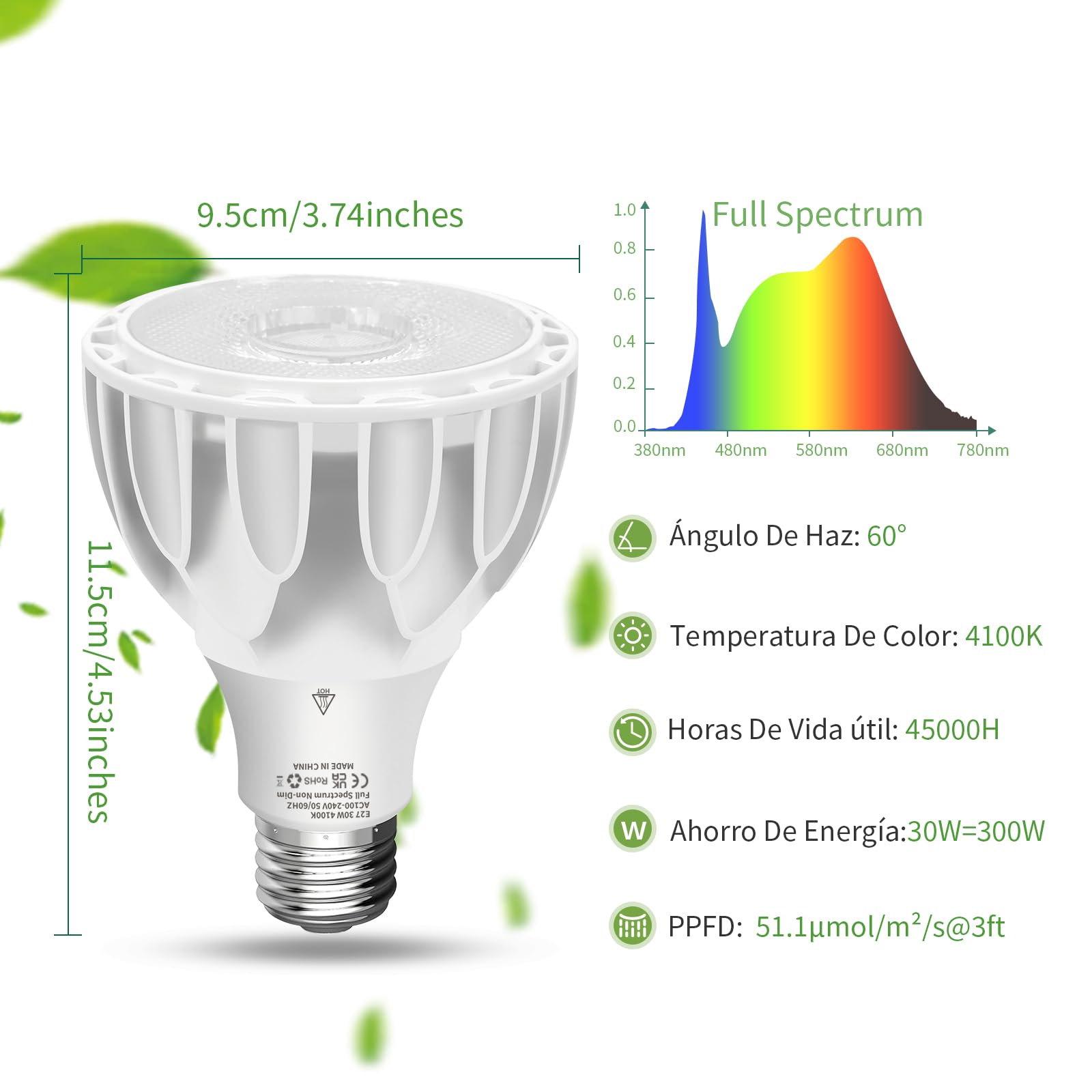 JESLED Lámpara LED de Espectro Completo Para Plantas de 30 W, E27, Luz de Crecimiento de 4100 K Adecuada Para Plantas de Interior, Alto PPFD Adecuado Para Verduras, Frutas, Plantas Y Flores
