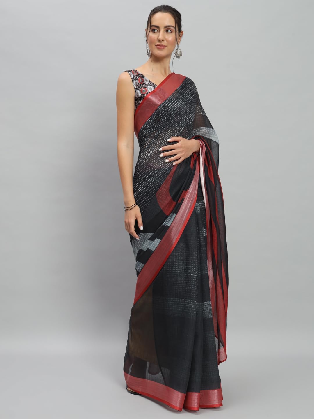 Art Face Prints Handloom Linen Cotton Ready To Wear Saree