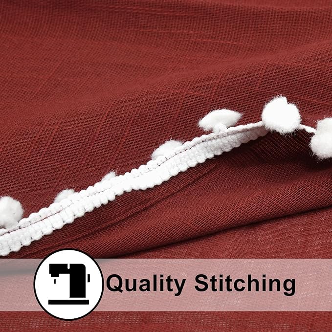 Image of THE LINEN COMPANY Window Curtains Sheer Cotton Curtains with Pom Pom Lace Rod Pocket Light Filtering Transparent Net Curtains for Window Curtains Door Curtains Living Room Maroon 4 Ft Pack of 2