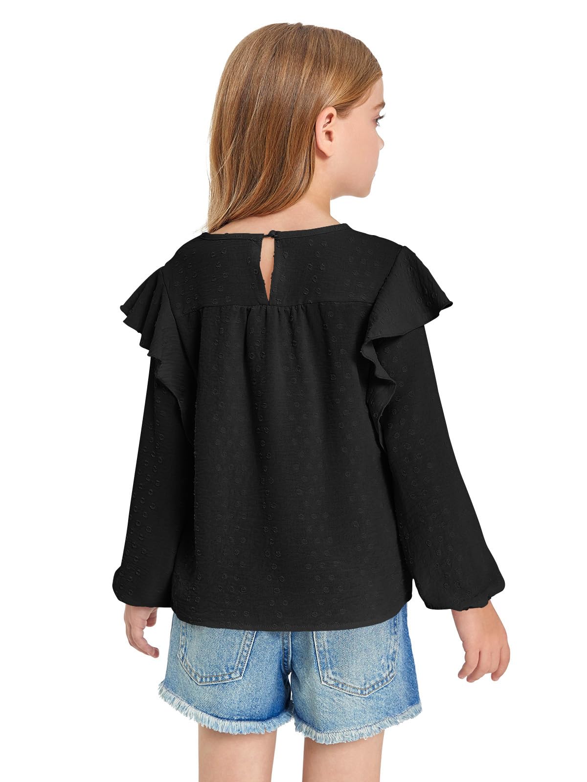 Haloumoning Camisas de manga larga para niñas de 4 a 14 años con cuello redondo y volantes y lunares suizos