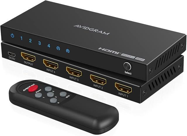 AVIDGRAM HDMI 2.1 Switch 8K 60Hz, HDMI Switcher 4 in 1 Out with IR Remote, 4 Port 4K 120Hz Auto HDMI Selector Hub Support 8K 48Gbps for Xbox Series X PS4 Pro PS5 Roku UHD TV Monitor Projector