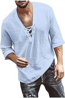 LUNULE Muskelshirts Herren Unterhemd Mittelalter Kleidung Herren MäNner Retro Einfarbig Linen SchnüRhemd V-Ausschnitt 3/4 ...