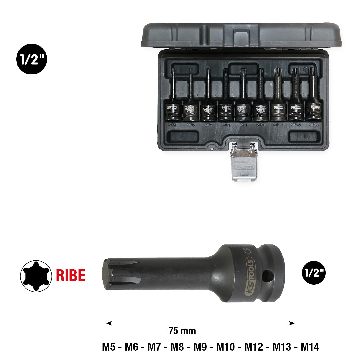 KS Tools 911.0934 Serie di Bussole per Avvitatori ad Impulsi per Viti Ribe, Lunghe, 9 Pezzi, M5-M14, 1/2"