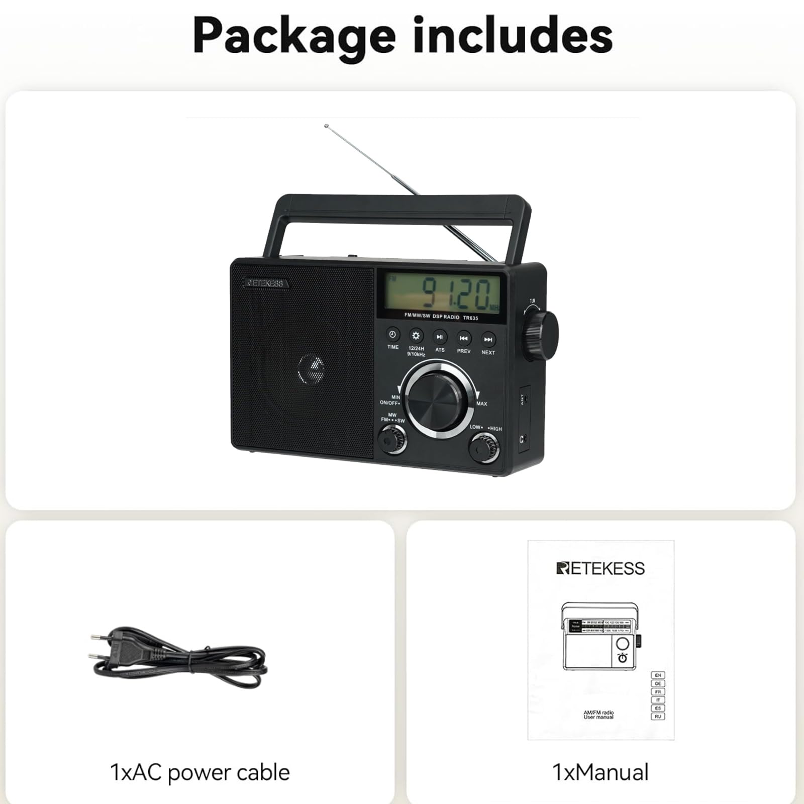 Retekess TR635 Transistor Digital Radio,Radio Portátil,FM Am SW,Batería,Toma de Antena,Alarma,Pantalla LCD Retroiluminada, Grabación,para Ancianos(Negro)