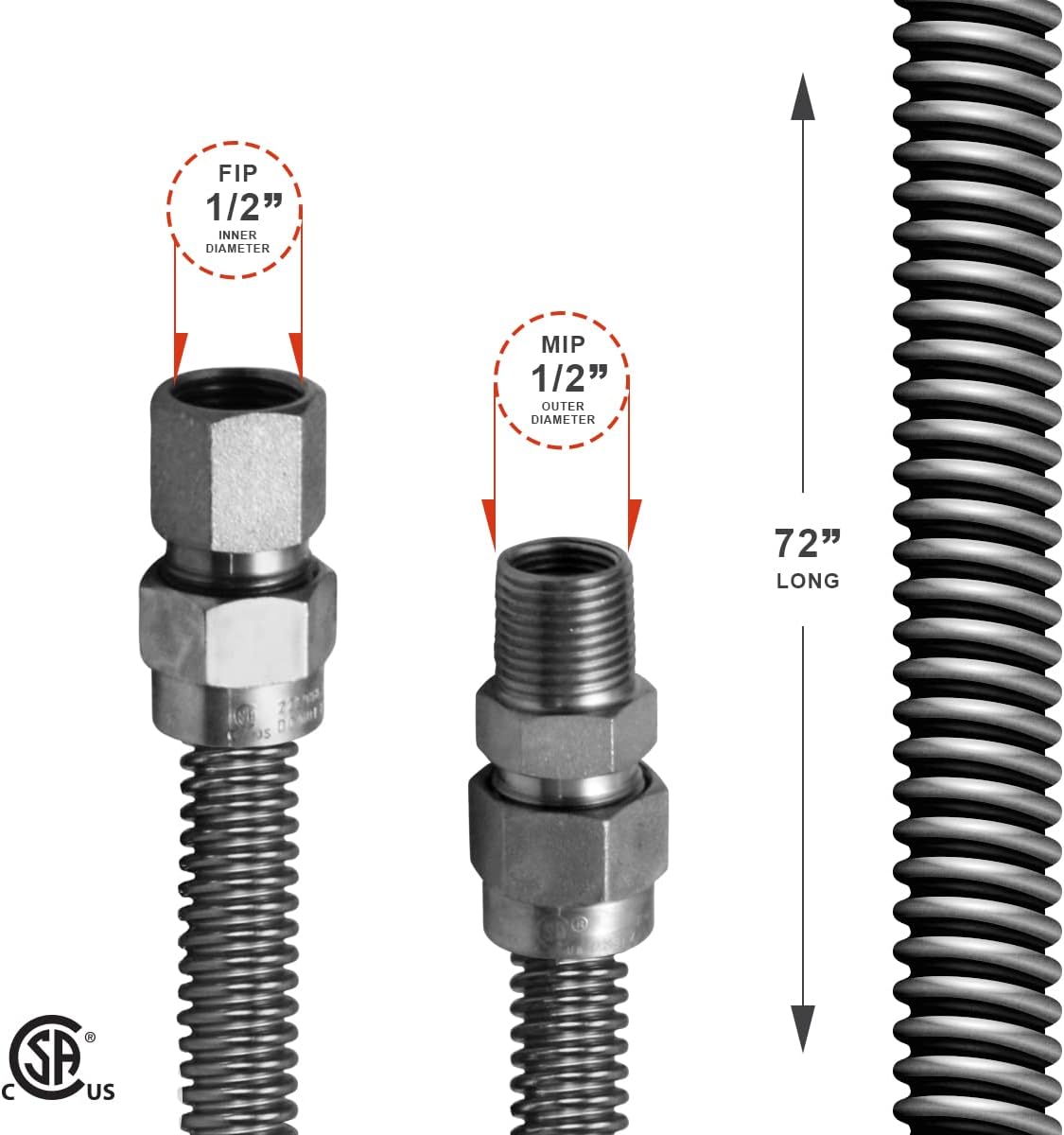 Gas Connector Kit 72 inch Stainless Steel, 5/8” OD Flexible Gas Hose Connector for Gas Range, Furnace, Stove with 1/2” FIP x 1/2” MIP Stainless Steel Fittings, 72” Gas Appliance Hook up Kit