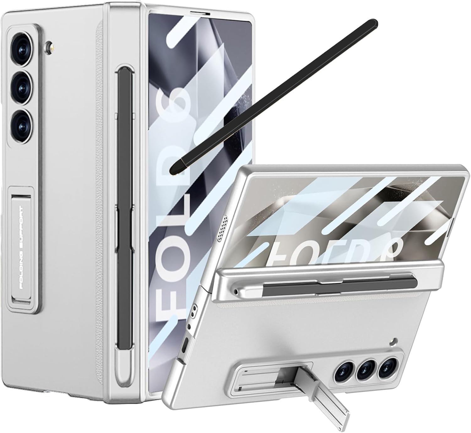 for Samsung Galaxy Z Fold 6 Case with S Pen Holder + Slim Stylus, All-Inclusive Phone Case Kickstand with Hinge Protection Screen Protector Pen Slot Protective Cover for Z Fold 6 Silver