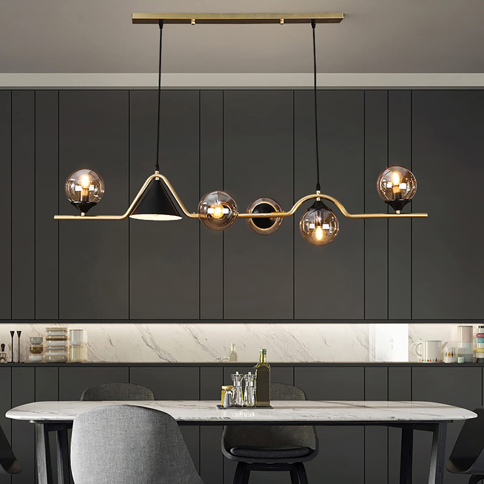 KXEcoLife Modern Nordic Glass Ball LED Pendant Light Chandelier for Kitchen Island 6 Linear Hanging Ceiling Fixture with Globe Shade 47x10inch