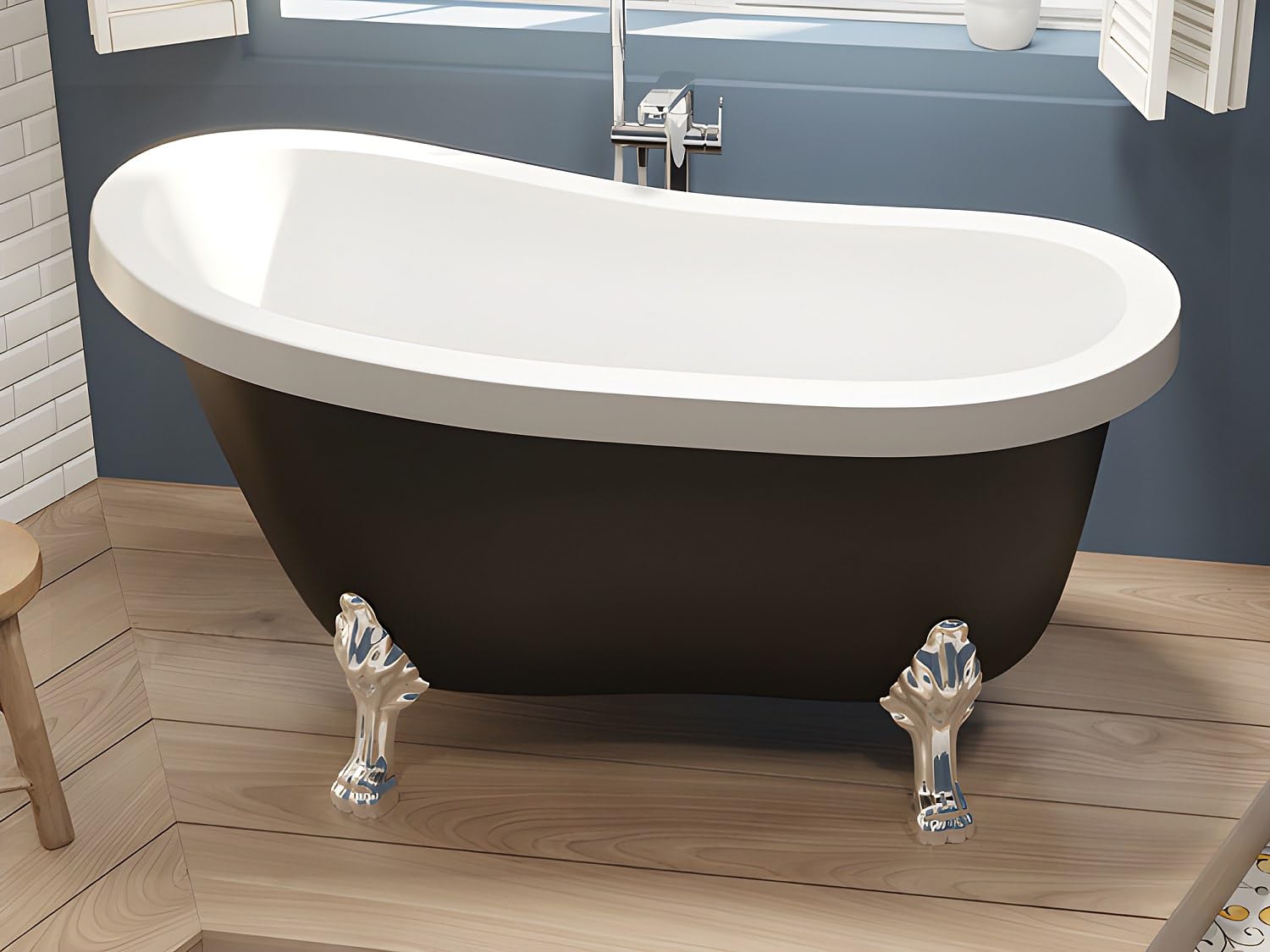 Shower & Design - BaÒera exenta retro con patas de leÛn plateadas - 171 L - 145 x 74 x 77 cm - Negro mate - NISOS