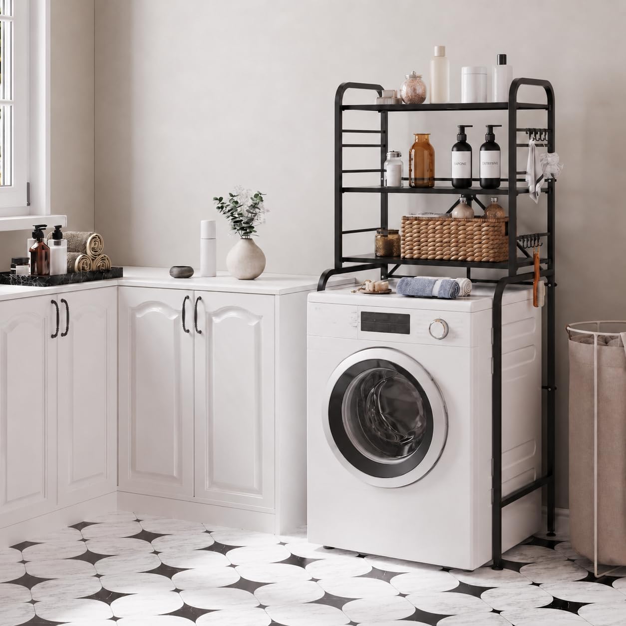 Scaffale Sopra Lavatrice in Metallo a 3 Ripiani, Mobiletto per Lavatrice con 8 Ganci, Ripiano Sopra Lavatrice Regolabile in Altezza, Organizer Stabile per Bagno WC Lavanderia, 66x155x49 cm