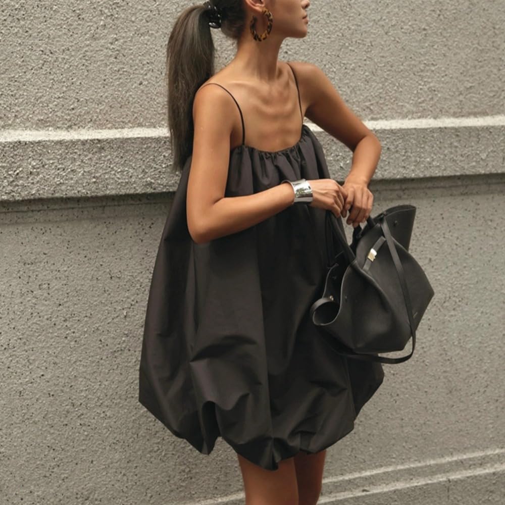 BONVEN Babydoll Dress for Women Spaghetti Strap Bubble Flowy Sexy Sleeveless Fashion A-Line Casual Mini Sundresses