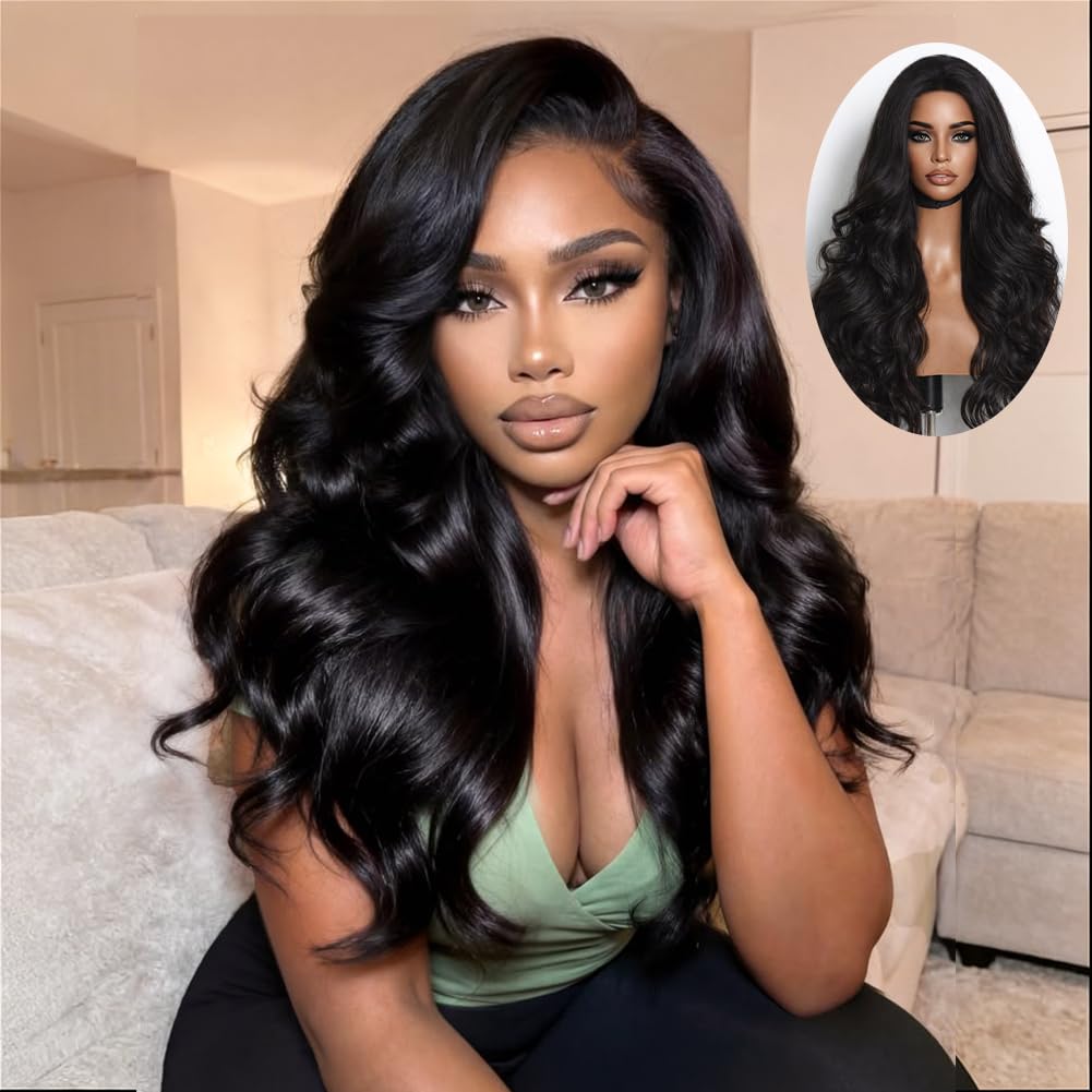Miss Lee Body Wave Half Wig Human Hair 200% Density 3 In 1 Half Wig Glueless Wigs Human Hair Wear and Go Drawstring Seamless Flip Headband Wig for Women Beginner Friendly Natural Black 18inch