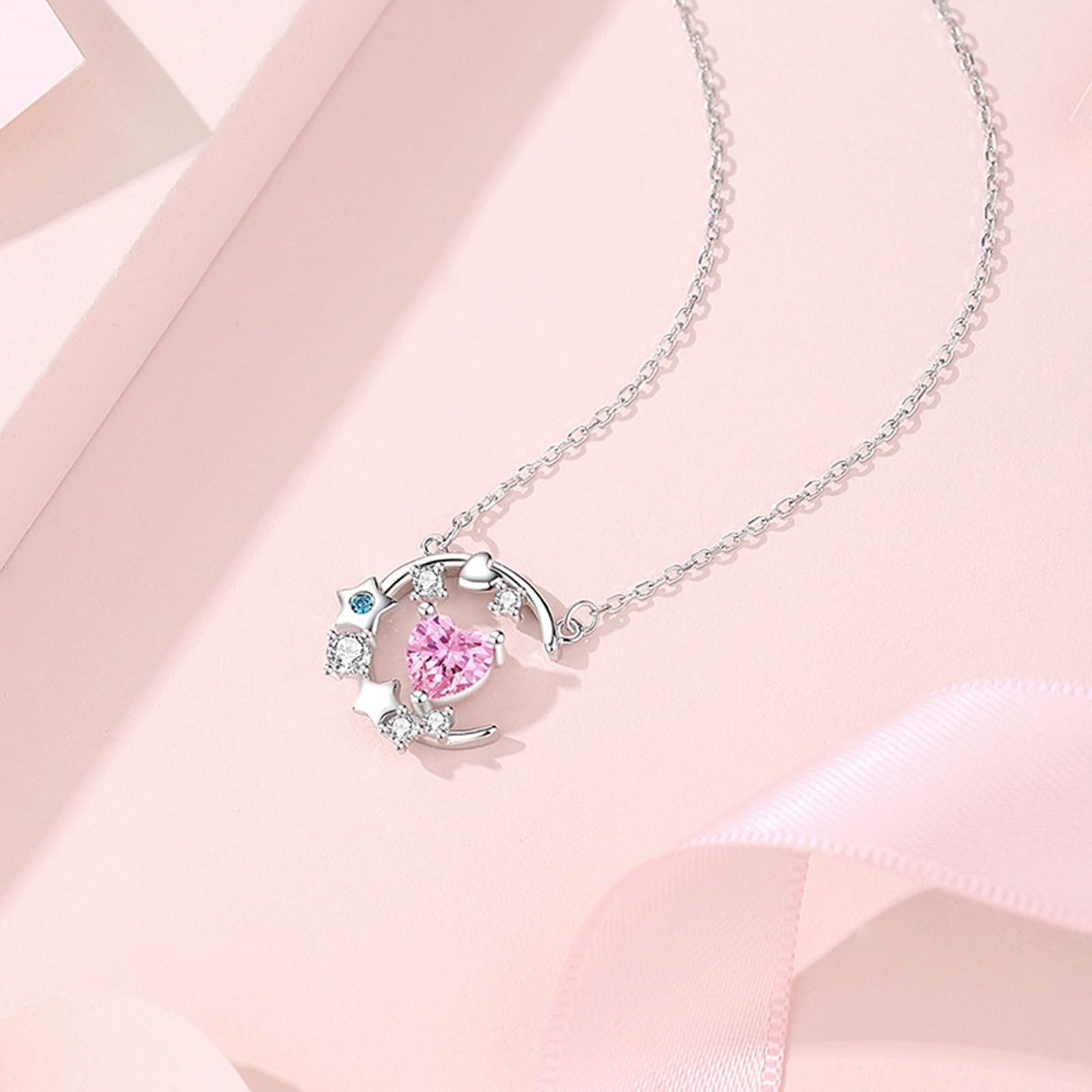 Collar de oro de 9/14/18 quilates para mujer, collar con colgante de estrella de luna con forma de corazón creado zafiro moissanita topacio oro real