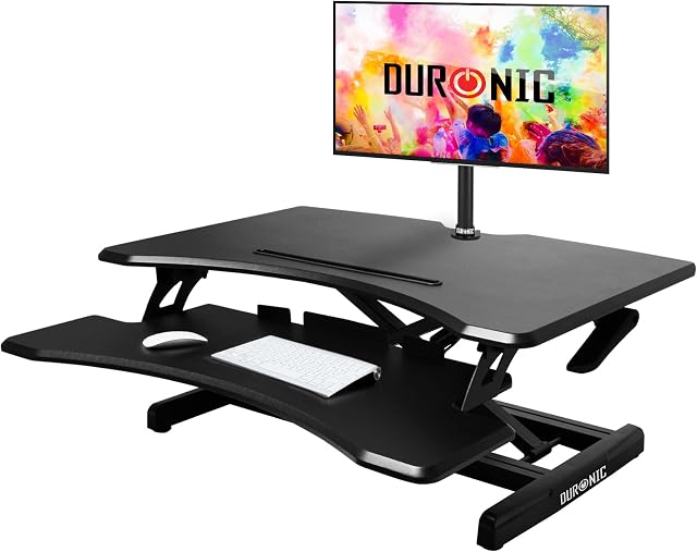 Duronic DM05D16 Stacja robocza z półką na klawiaturę | duża nakładka na biurko do pracy na stojąco i siedząco | podnośnik | podstawka na telefon i tablet | workstation | regulacja wysokości 12-43 cm