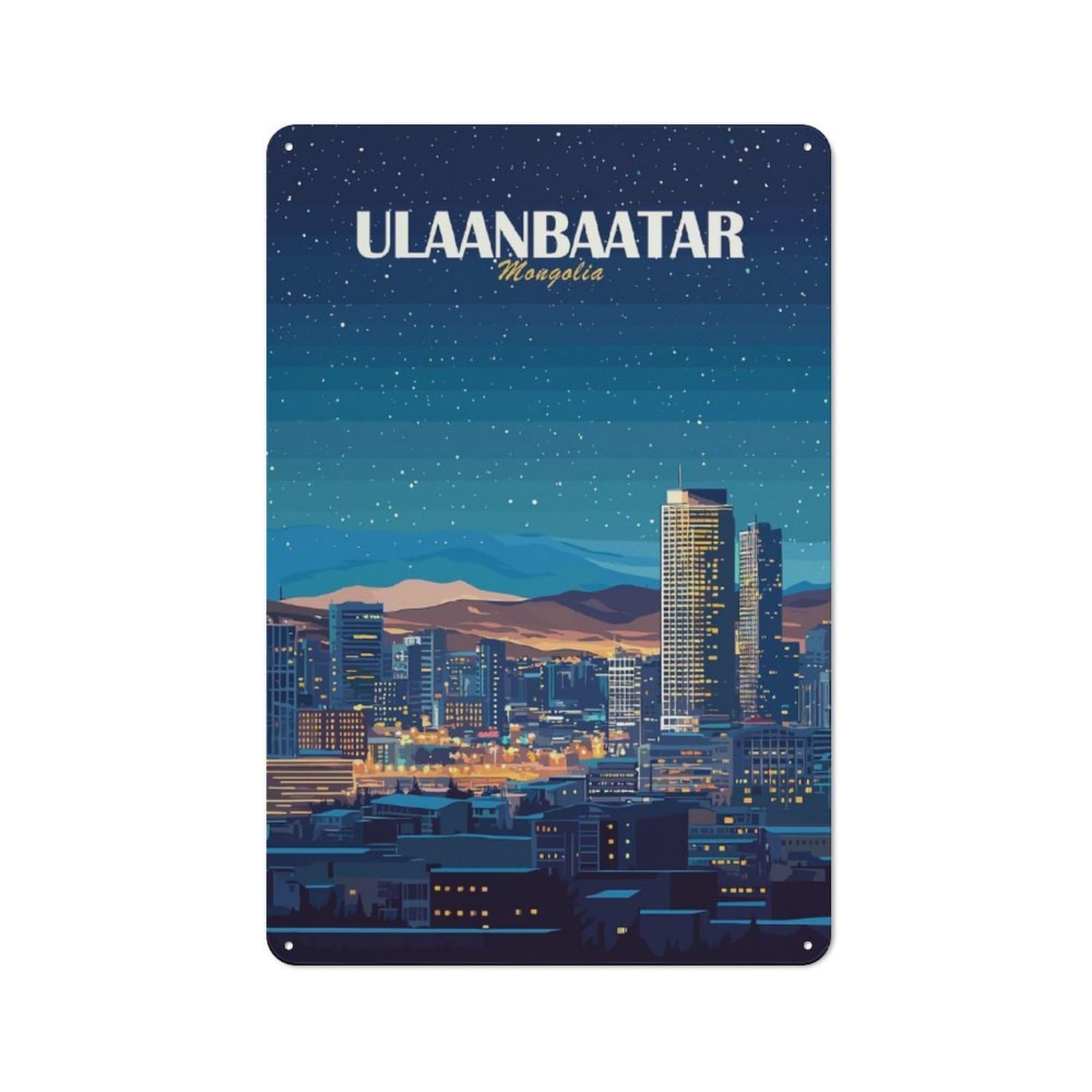 Junmoney Style-1 Vintage Metal Sign 30X20cm Featuring Ulaanbaatar Mongolia Cityscape At Night For Pub Or Café, Wall Decor For People Reorganising Pub And Café