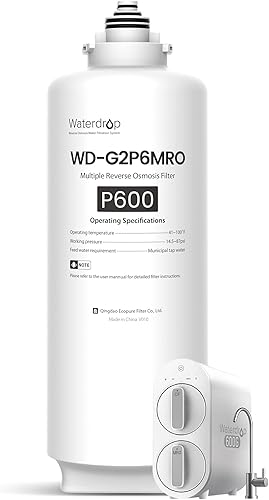 Waterdrop Filtro WD-G2P600-RO, repuesto para sistema de ósmosis inversa WD-G2P600-W, vida útil de 2 años, reduce PFAS