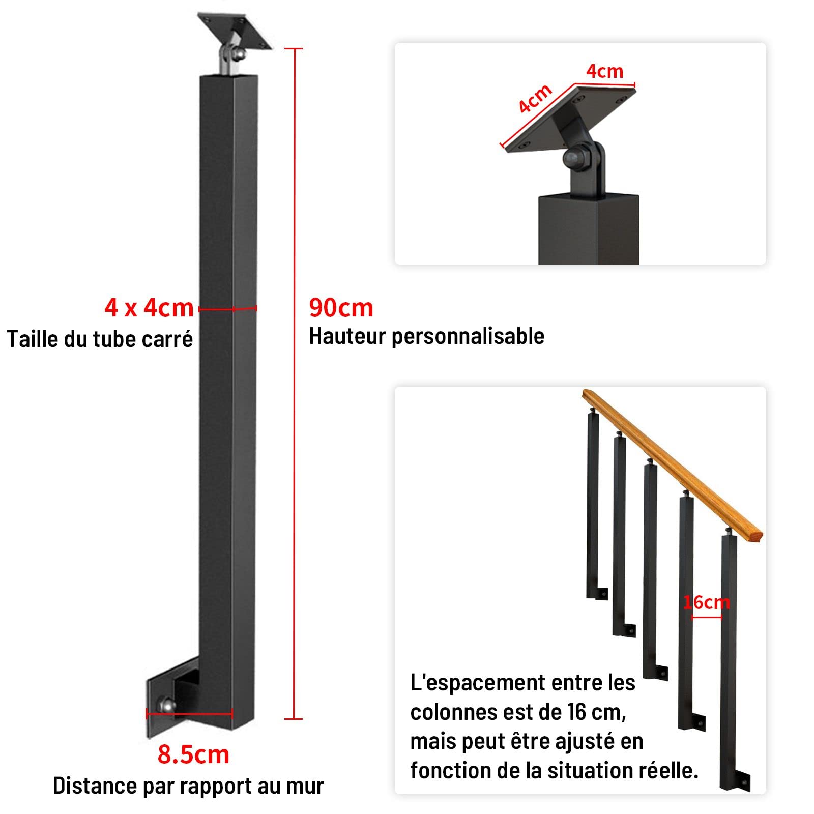 Vierkante metalen zwarte trapbalusters met verstelbare 270° hoekbeugel