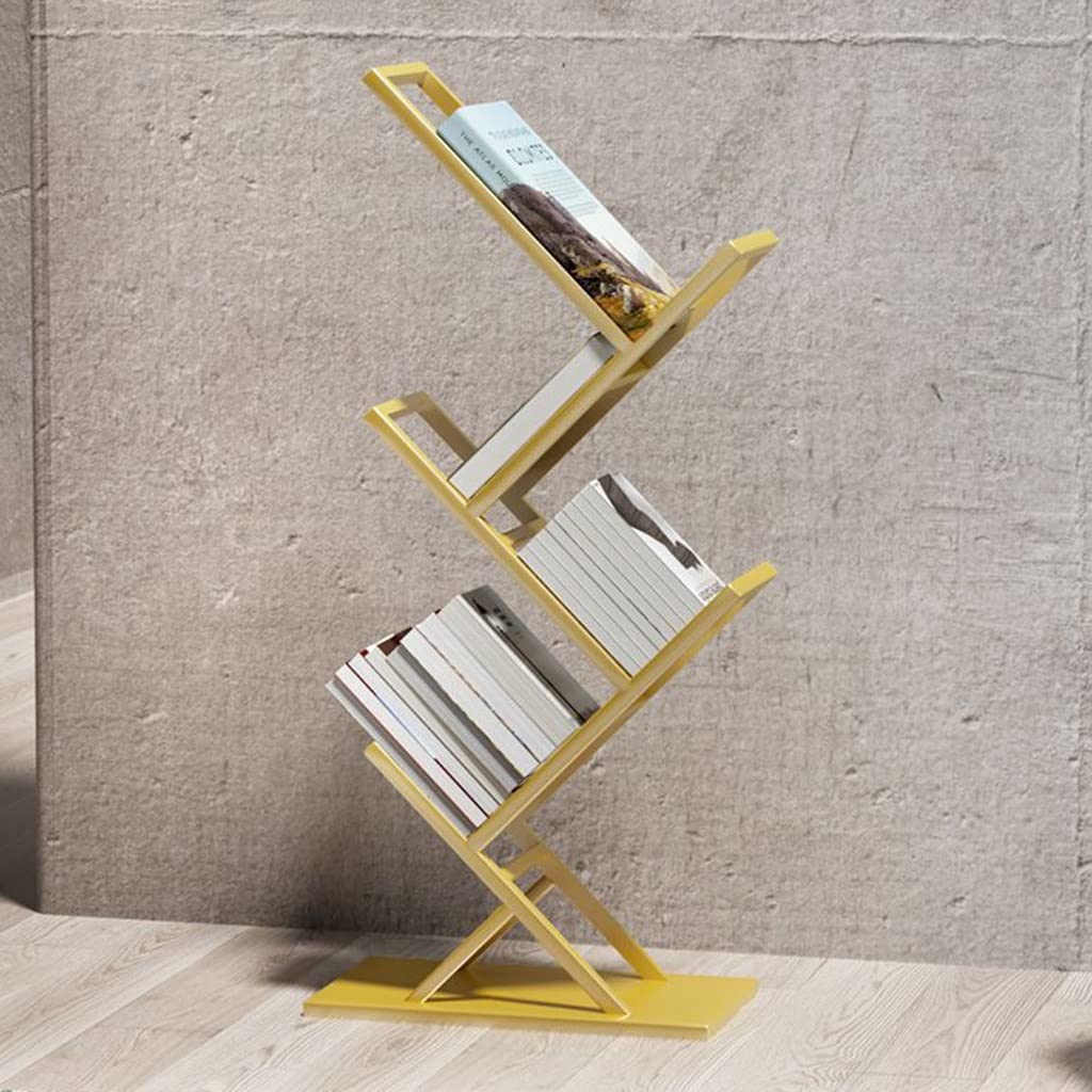 Librería de pie para árbol, estantería de Metal, estantería Abierta con estantes de Almacenamiento, gabinete de Esquina para Sala de Estar, Estudio y Oficina (Dorado)