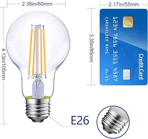 Miniatura 2 de Energetic - Bombillas LED de filamento regulables, 8 W, equivalente a 60 W, blanco suave, 2700 K, vidrio transparente clásico, bombilla LED A19,