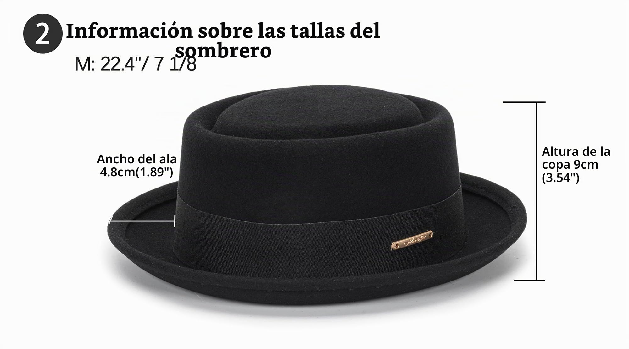 Sombrero de pastel de cerdo para hombre, lana negra, parte superior plana, sombrero Fedora Trilby, sombrero unisex (S/M)