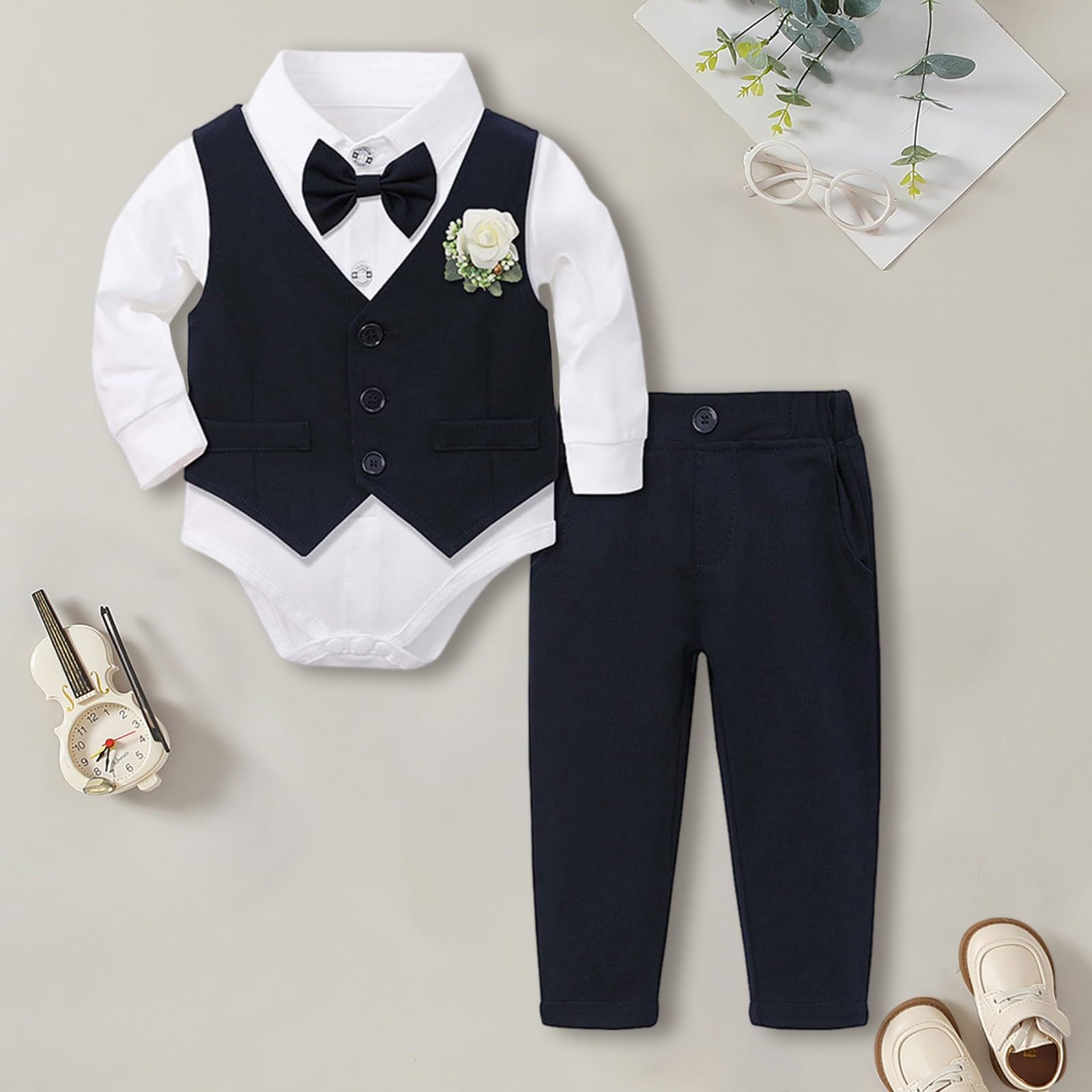 Vêtements pour bébé garçon Costumes pour bébé Tuxedo Gentleman Tenues Chemise habillée + Gilet + Pantalon Ensembles de Costume pour bébé (Navy, 12-18 Months)
