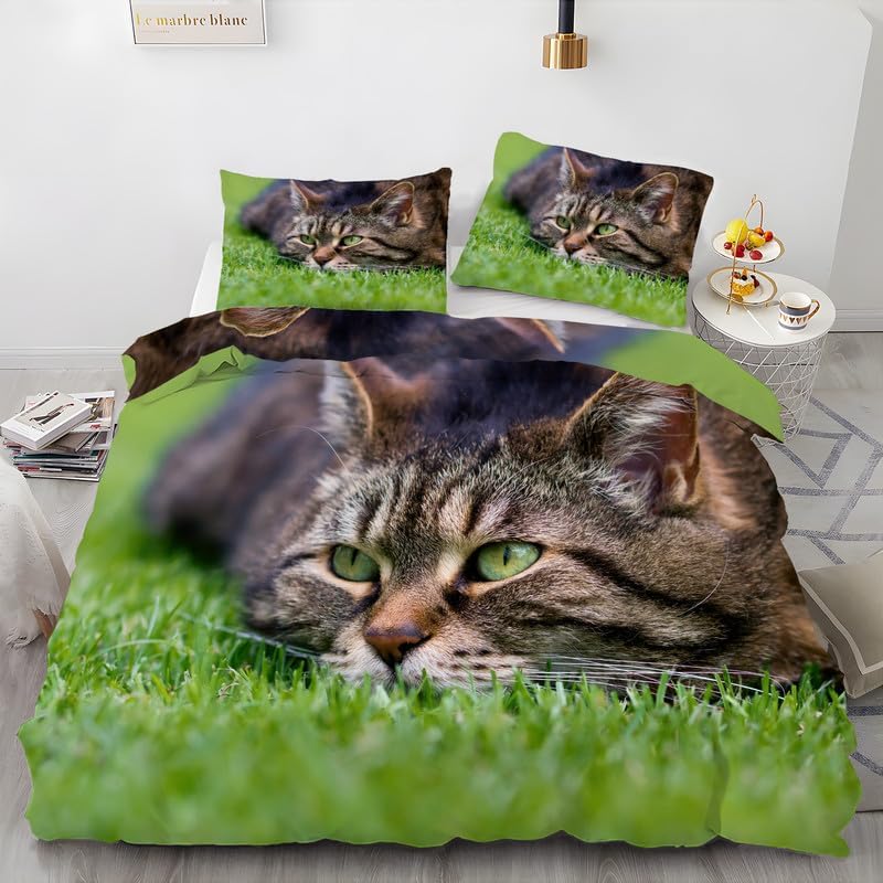 Green Cat California King Duvet Cover Animal Print Bedding Soft Microfiber Comforter Cover and 2 Pillow Shams 20"X36", Bed Set Duvet Covers with