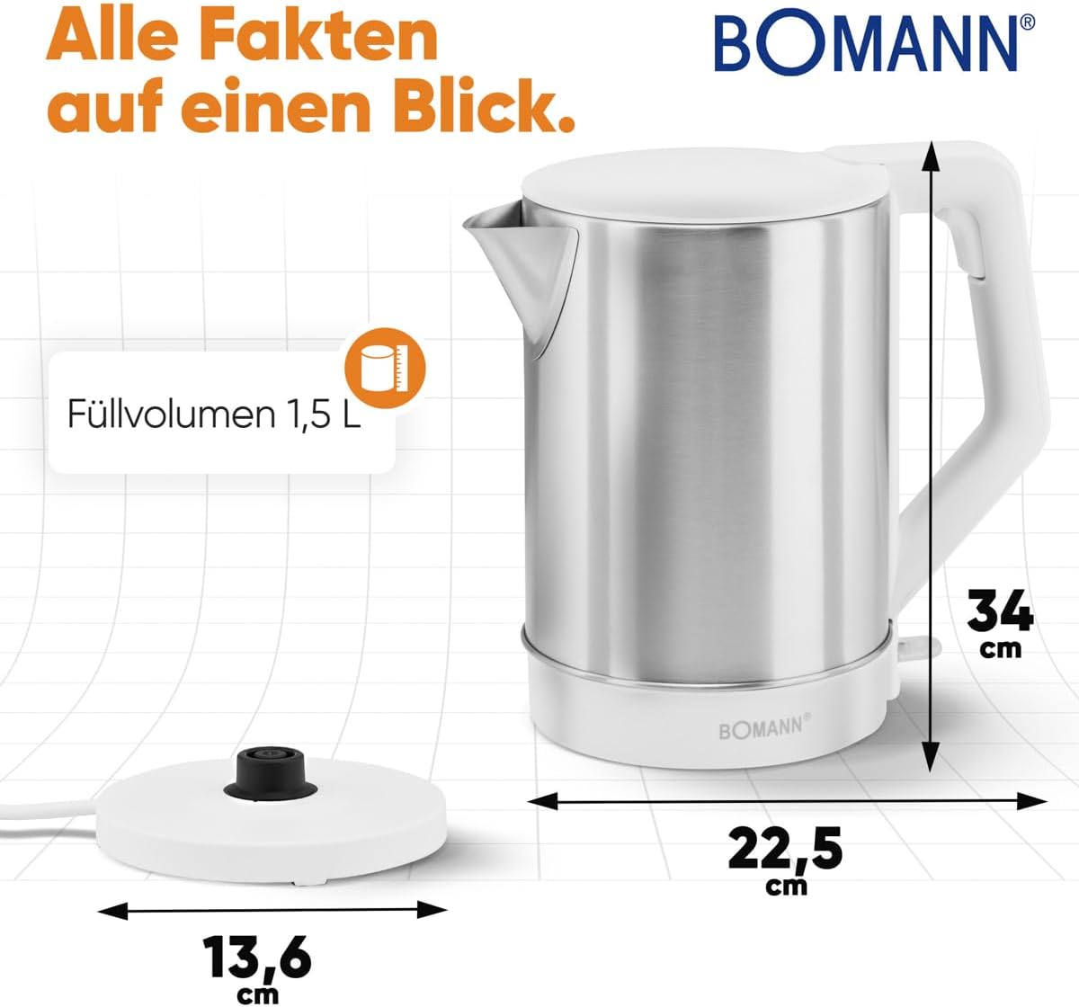 Diagram showing the dimensions and capacity of the Bomann kettle.