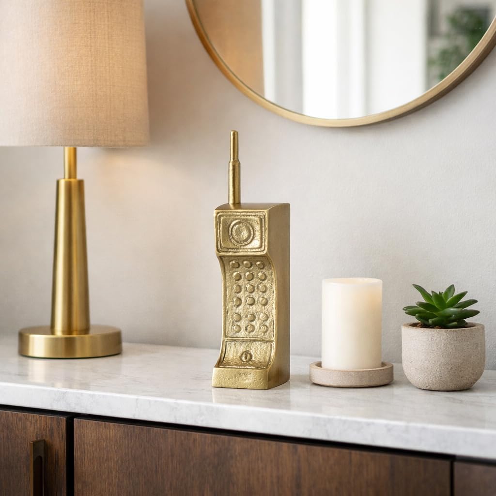 Metal Cordless Phone Decorative Object for Home Decor - Ornaments for Bathroom, Office Desk, and Coffee Table - Vintage Inspired Accent for Shelf Display or Living Room Decor - 8", Gold
