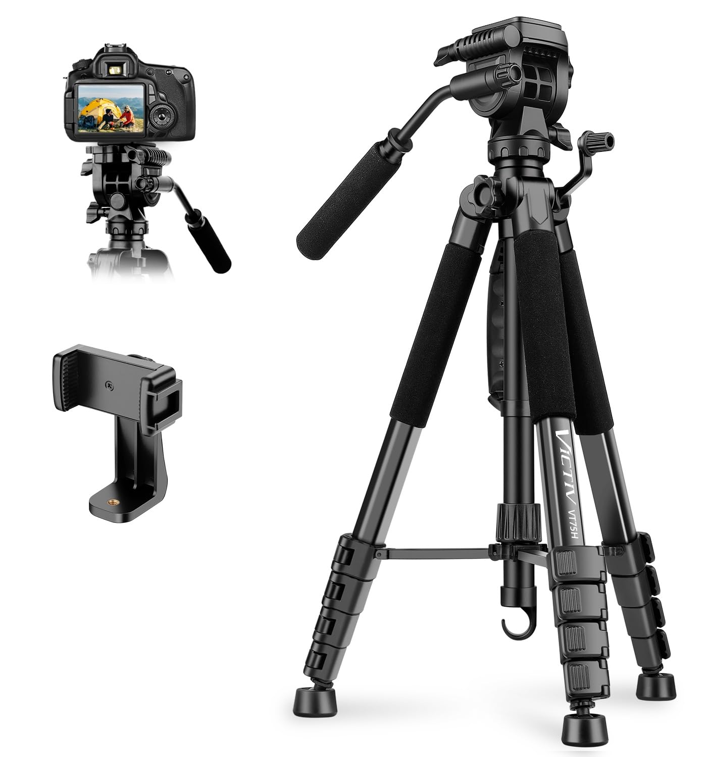 Victiv 75'' Aluminium Camera Tripod, Heavy Duty Mobile Stand Video Shoot with Phone Holder, Professional Tripod Compatible with Camera, Spotting Scopes, Projector, Camcorder, Cell Phone, Max Load 16LB-image-19