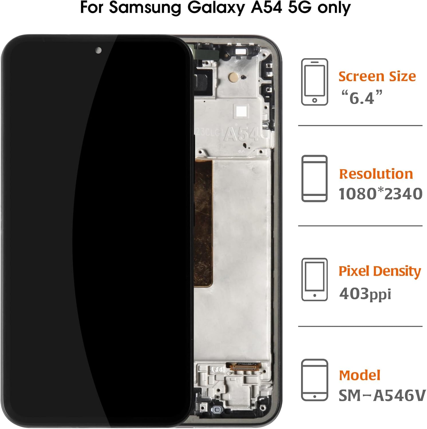 OLED Galaxy A54 5G Screen +Fingerprint Support Replacement with Graphite Frame Touch Screen Digitizer for Samsung Galaxy A54 5G A546V A546U A546B A546E A546M 6.4" 2023