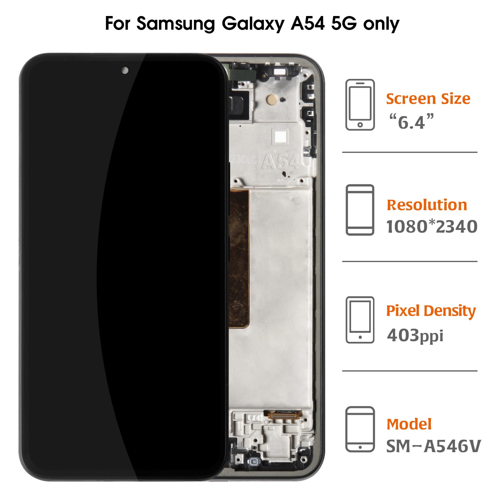 OLED Galaxy A54 5G Bildschirm mit Graphitrahmen Ersatz Touchscreen Digitizer für Samsung Galaxy A54 5G A546V A546U A546B A546E A546M 6,4 Zoll 2023