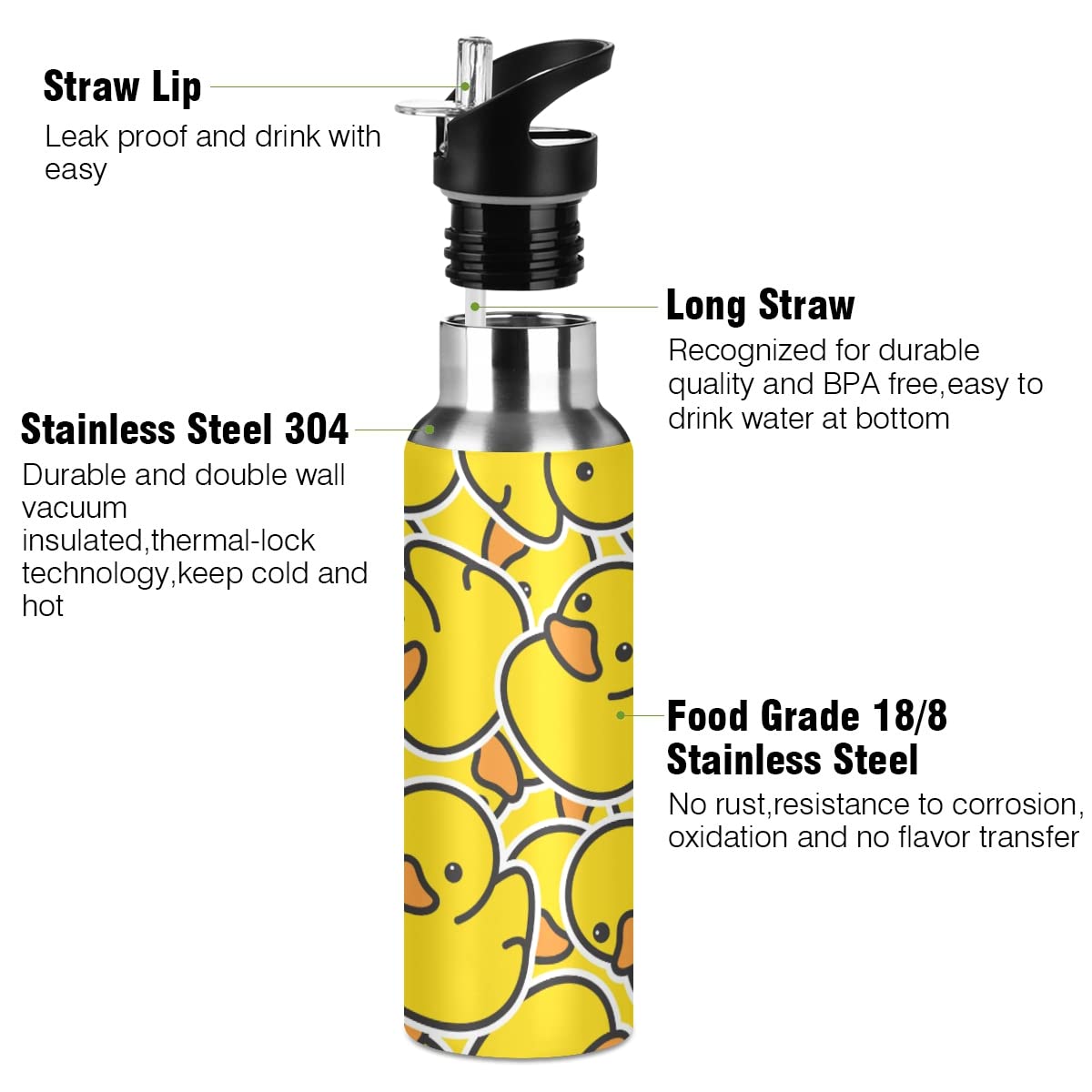 Mnrsuu Little Yellow Duck Wasserflasche Edelstahl vakuumisolierte Wasserflasche Standard-Mundflasche mit breitem Griff