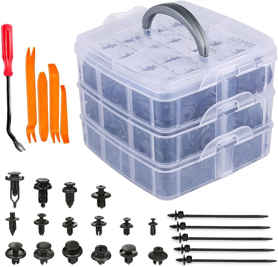 620 Pcs Car Push Retainer Clips, Plastic Door Panel Fasteners Fender Bumper Clips, Car Clips Fasteners Kit with 16 Most Popular Sizes Auto Push Pin for Toyota Gm Ford Honda Acura Chrysler