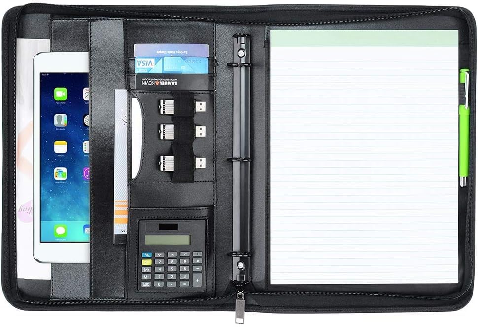 KUSCOR Padfolio Portfolio with 10.1 inch Tablet Sleeve, Professional Interview and 3 Ring Business PU Leather Folder, Zippered Closure, Writing Pad, Calculator, Card Holder, Black