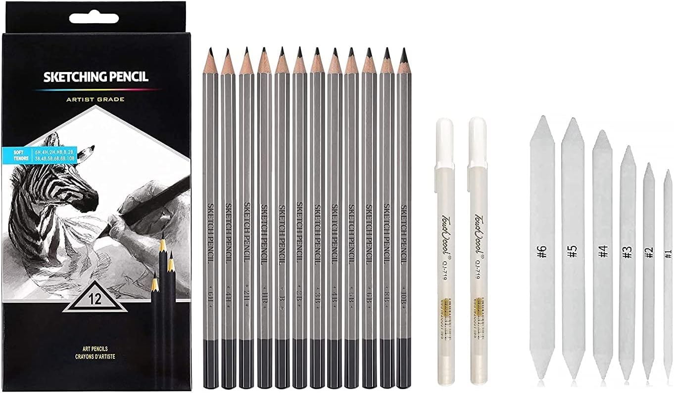 URBAN BOX Art Sketching Set of 12 Pencils Artist Grade Degree Pencils 10B, 8B, 6B, 5B, 4B, 3B, 2B, B, HB, 2H, 4H and 6H with 6 Stumps and 2 White Gel Pen