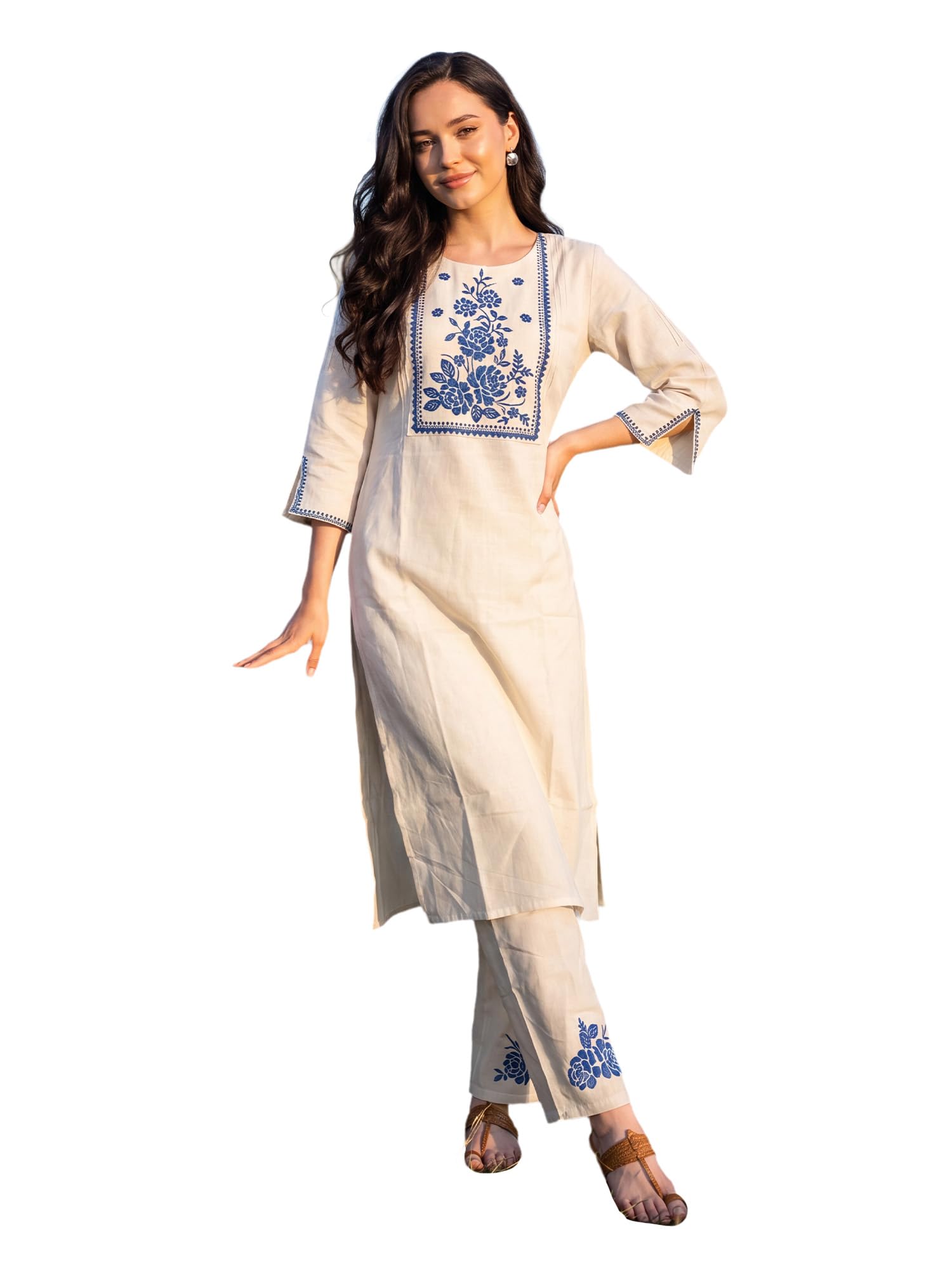 Indo Era Women's Pure Cotton Floral Embroidered Thread Work Kurta & Palazzo Set | Coord Set Palazzo For Women Cotton in neutral