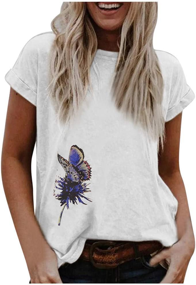 KEYEE Butterfly Print Shirts for Women Colourful Graphic T Shirts Summer Blouse Casual Tops Loose Fit Graphic Tees White