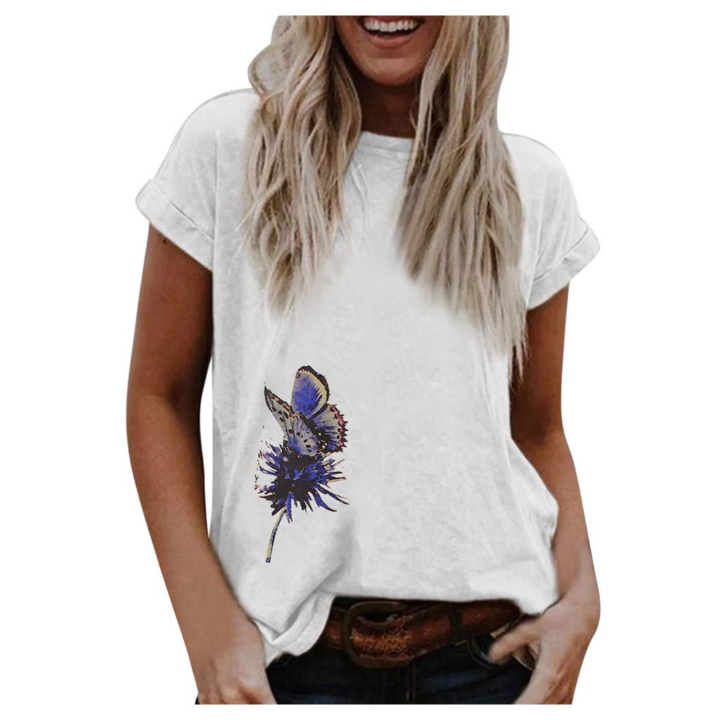 KEYEE Butterfly Print Shirts for Women Colourful Graphic T Shirts Summer Blouse Casual Tops Loose Fit Graphic Tees White